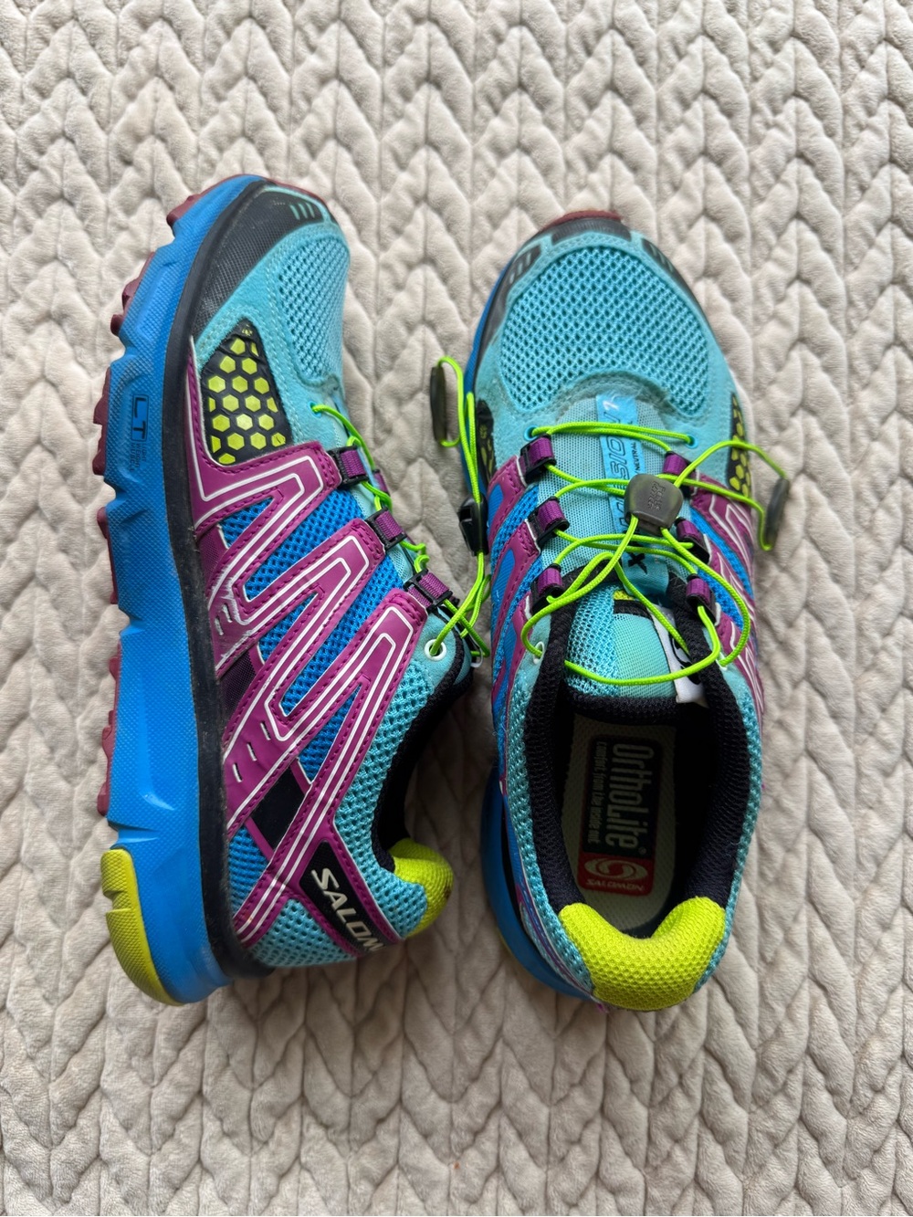 Salomon Kids Turquoise, Pink and Neon Green Trail Sneakers